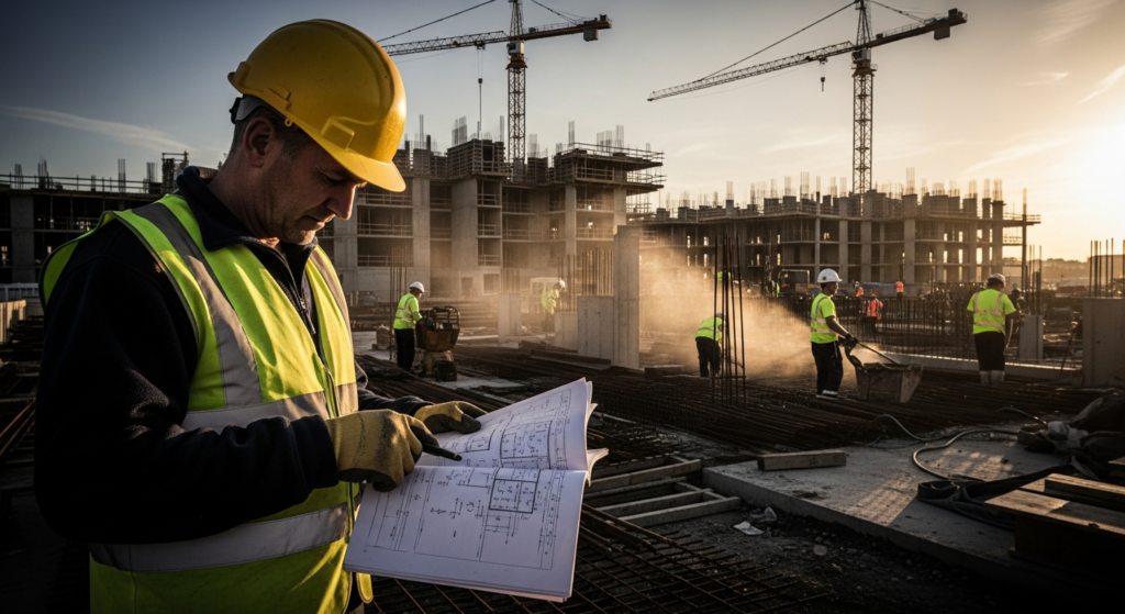 Construction worker reviewing CIS paperwork on site
