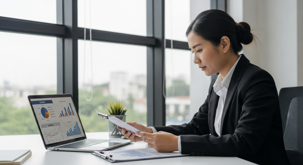 Business director reviewing financial charts and salary documents