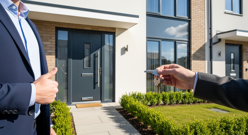Landlord handing over keys outside a modern UK residential property