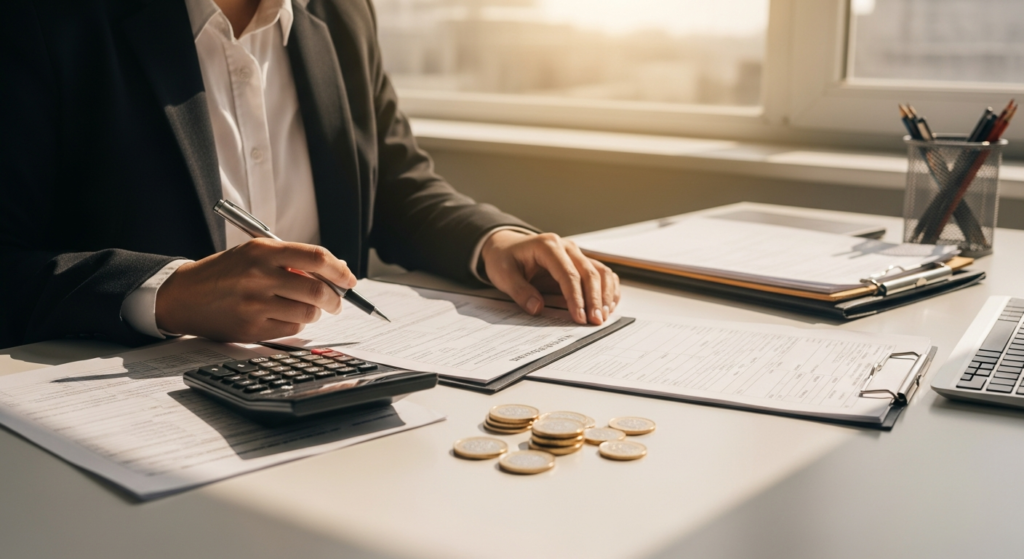 Professional completing tax paperwork at a desk