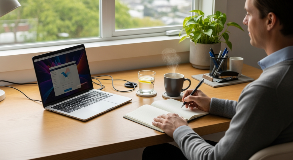 Person working from home at a comfortable home office